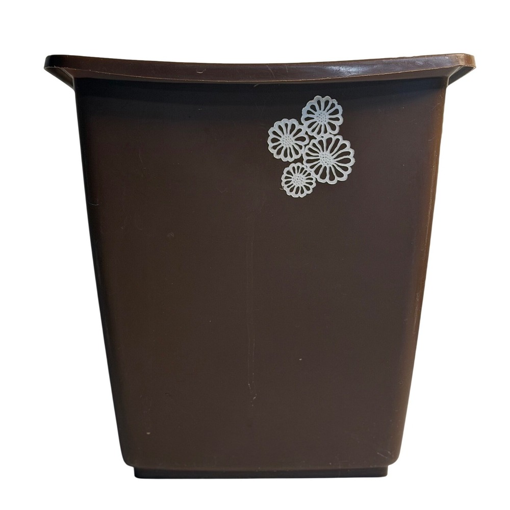 VTG Rubbermaid Wastebasket Brown Floral Trash Can Plastic Bin Small Retro Decor